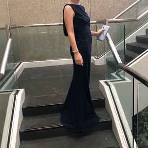 long open back dark blue formal dress